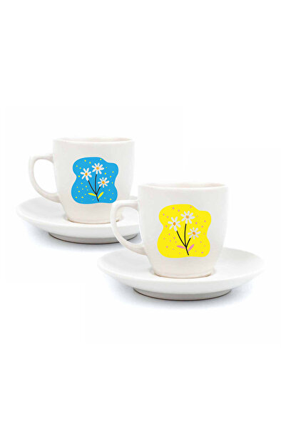 PALTO TASARIM Renkli Papatyalar 2 Kişilik 4 Parça Krem Türk Kahvesi Fincan Se...