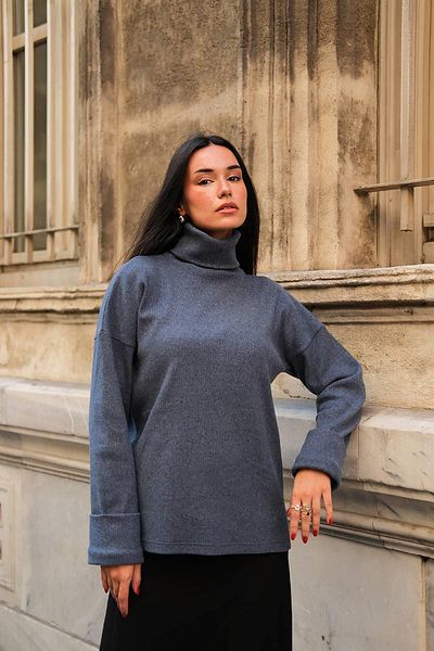 FOR YOU MODA Sleeve Detailed Turtleneck Turtleneck Indigo Blouse