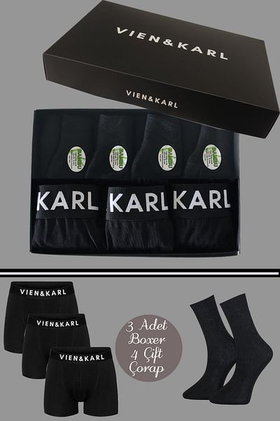 Vien&Karl Ανδρικό Premium Σετ 3 Μαύρες κάλτσες Boxer 4 Bamboo σε κουτί