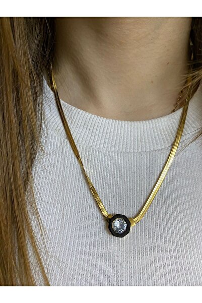 sema aksesuar Gold Zirkon Taşlı Italyan Zincirli Çelik Kolye - Serenay Sarıkaya Kolyesi - Sevgililer Günü Hediyesi