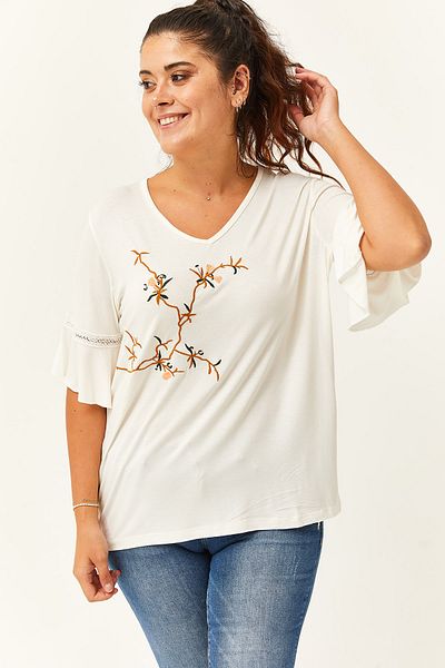 Ebsumu Women's Plus Size Branch Embroidered Spanish Sleeve White Blouse