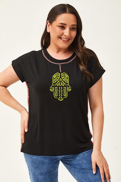 Ebsumu Women's Large Size Black Blouse with Hand Embroidery Detail