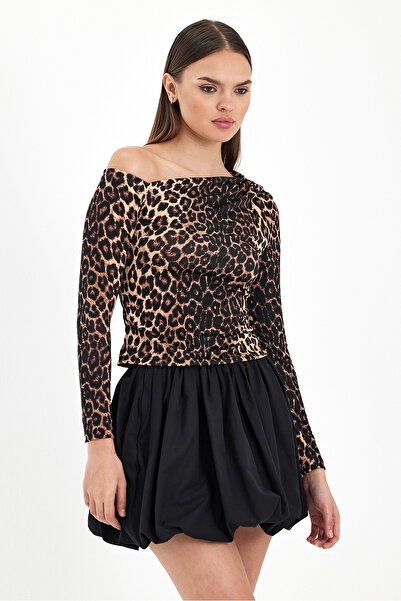 alenmoda Bluză tricotată nisipoasă cu umăr deschis LEOPARD pentru femei