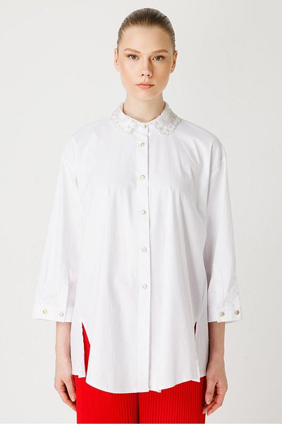Ghisa Tunic with Embroidered Collar Detail White