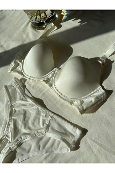 Cansoy Ecru Colored Gathering Bra Set - C Cup, Unassisted 660Tk