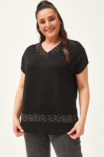 Ebsumu Women's Plus Size Collar and Skirt Leopard Stone Detail Black-Brown Blouse