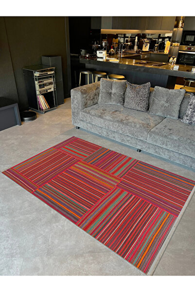 Rugs Modern Halı Maya Koleksiyonu Kırmızı Temalı Çok Renkli Çizgiler Desenli ...