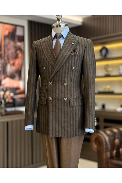 TerziAdemAltun Men's Striped Slim Fit Double Breasted Jacket and Trousers Set - Brown T12985