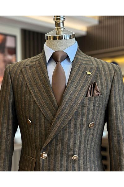 TerziAdemAltun Men's Striped Slim Fit Double Breasted Jacket and Trousers Set - Brown T12985