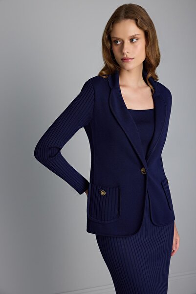 JOIN US Kolları Ribli Lacivert Triko Blazer Ceket