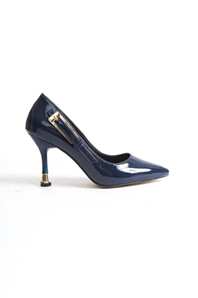 Redoxy Women's Special Design Thin Heeled Navy Blue Patent Leather Stiletto with Metal Accessories