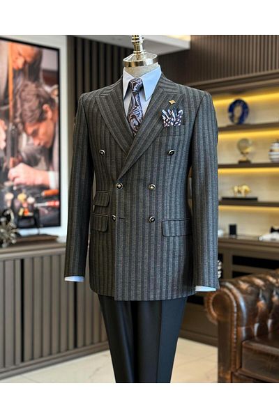 TerziAdemAltun Men's Striped Slim Fit Double Breasted Jacket and Trousers Set - Anthracite T12984