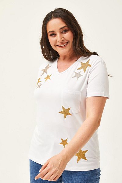 Ebsumu Women's Plus Size Glittery Star Printed White-Yellow Blouse