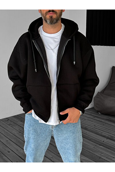 BYBASICMAN Siyah Basic Fermuarlı Kapüşonlu Sweatshirt JJ-82