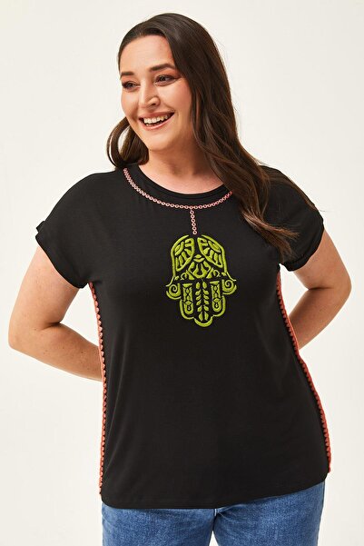 Ebsumu Γυναικεία Μαύρη Μπλούζα Plus Size με λεπτομέρεια κεντήματος στο χέρι