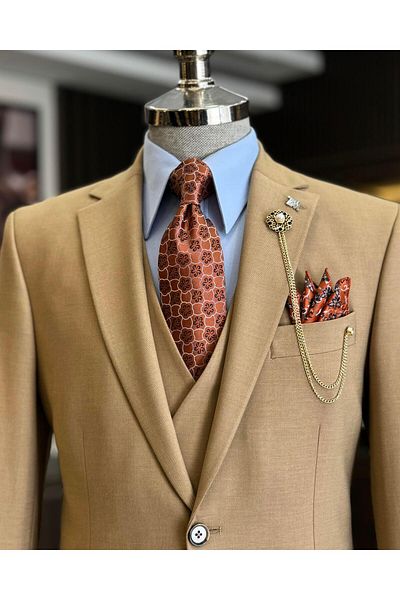 TerziAdemAltun Camel Colored Classic Cut Regular Fit Jacket and Vest Pants Set - T12609