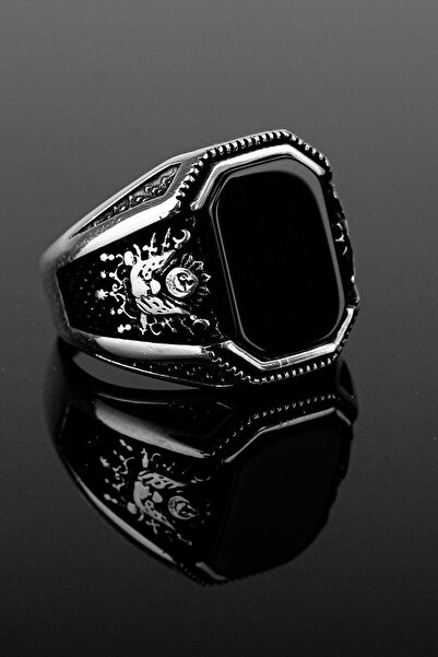 Else Silver 925 Ayar Oniks Taşlı Osmanlı Devlet Armalı Gümüş Erkek Yüzüğü