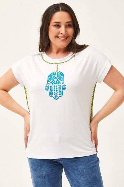 Ebsumu Women's Large Size White Blouse with Hand Embroidery Detail