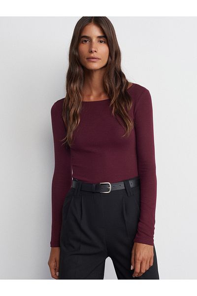 Dilvin 31332 Boat Neck Long Sleeve Top-Burgundy