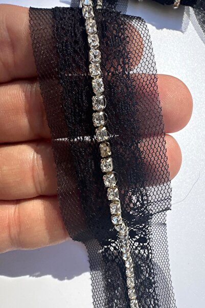 KARAASLAN Kristal Taşlı Siyah 4.5 Cm Bordür Şerit Dantel-1 Metre
