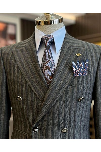 TerziAdemAltun Men's Striped Slim Fit Double Breasted Jacket and Trousers Set - Anthracite T12984