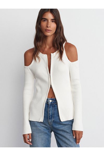 Dilvin 60259 Zippered Slit and Open Shoulder Detailed Knitwear Cardigan-Ecru