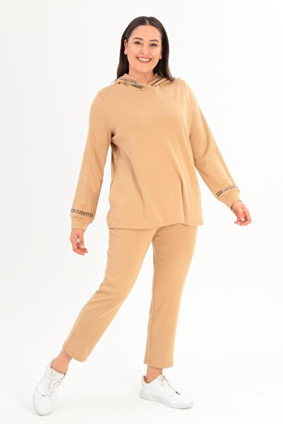 Metpoint Trend42Plus Beige Hooded Collar Sweat Pants - Plus Size Set