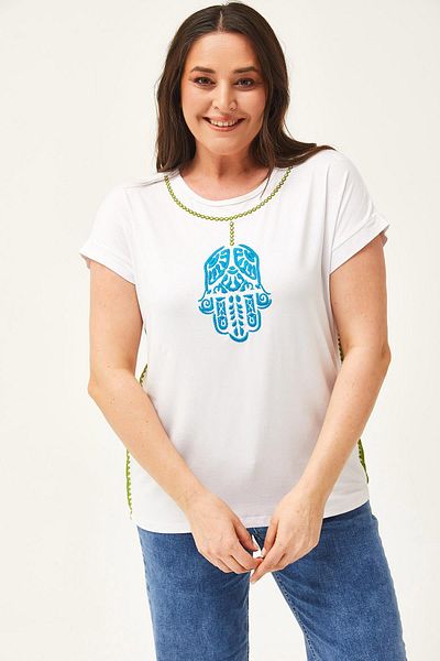 Ebsumu Women's Large Size White Blouse with Hand Embroidery Detail
