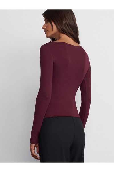 Dilvin 31332 Boat Neck Long Sleeve Top-Burgundy