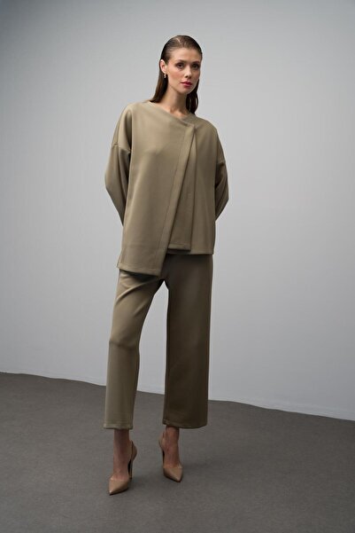 Olcay Green Scuba Low Sleeve Jacket and Trousers Set - 9262-Tk