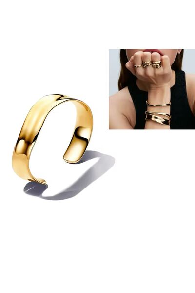 Lines Bijuteri 925 Ayar Gold Renk Gümüş Organik Şekilli Geniş Açık Bileklik