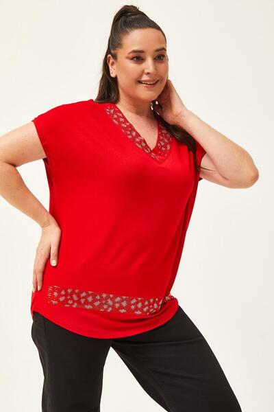 Ebsumu Kadın Büyük Beden Yaka Ve Etek Leopar Taş Detay Kırmızı Bluz