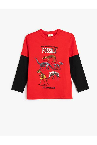 Koton Cotton Long Sleeve Dinosaur T-Shirt - Crew Neck