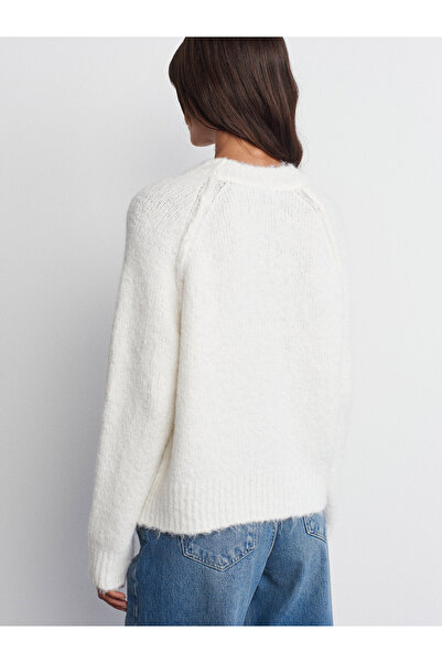 Dilvin 10646 Crew Neck Stitching Detailed Knitwear Sweater-Ecru