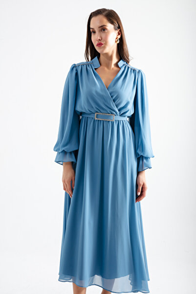 Lafaba Női indigó öves duplasoros galléros ruha