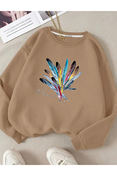 eymore Hanorac cu guler rotund, imprimat cu pene colorate