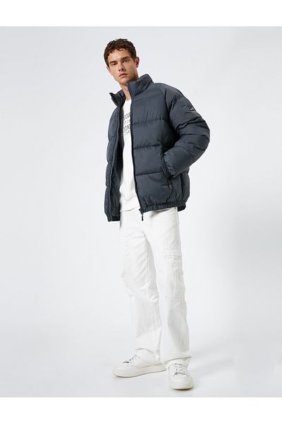 Koton Puffer Jacket Stand Collar Zipper Label Printed Pocket Detailed