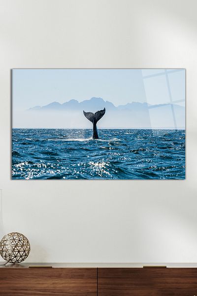 Vosevu Γυάλινο ζωγραφική Blue Whale Tail, Μοντέρνα διακόσμηση σπιτιού και γραφείου, Διακόσμηση τοίχου δώρου, άθραυστο γυαλί