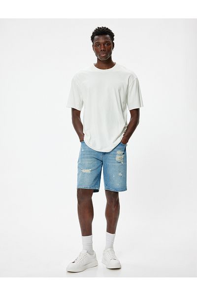 Koton Cotton Oversize szakadt Bermuda Jeans Shorts - Zseb részletes
