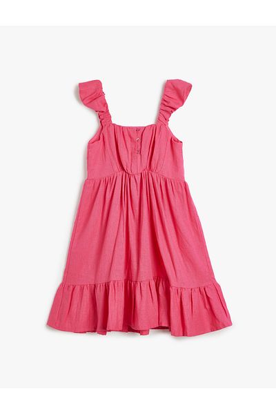 Koton Leinenkleid mit quadratischem Kragen und Fensterdetail – Hosenträger und Rüschen