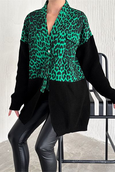 FEMELLE Tricotaj de damă verde cu model leopard Jachetă din denim cu design detaliat