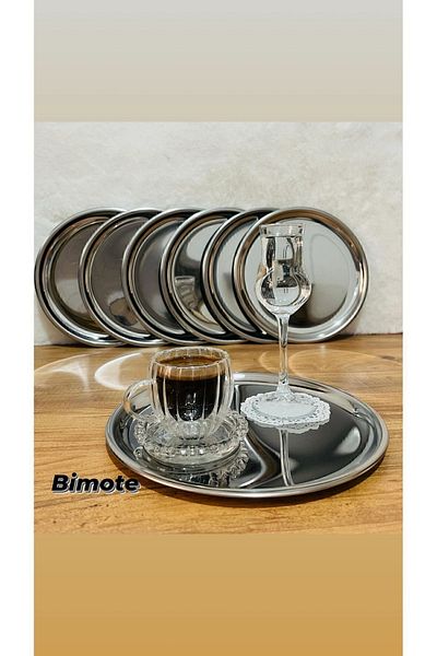 BİMOTE Set of 6 Stainless Steel 21.cm Round Tea, Coffee, Pastry Serving Tray Decorative Presentation Tray