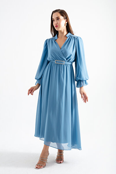 Lafaba Női indigó öves duplasoros galléros ruha