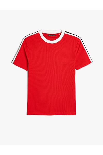 Koton Crew Neck Short Sleeve Textured Cotton Blend - Stripe Detailed