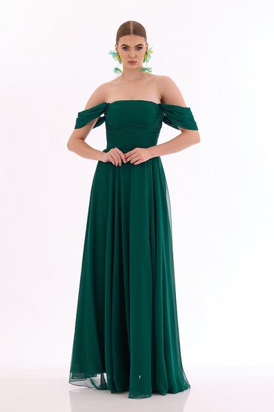 Carmen Emerald Low Sleeve Slit Chiffon Evening Dress