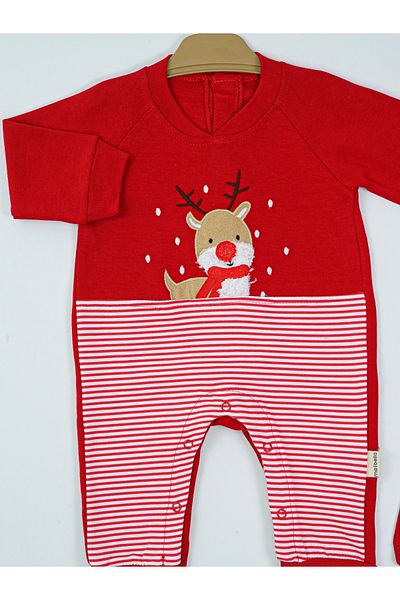 Baby Minty Striped Deer Embroidered Hat Jumpsuit