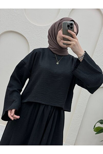 Modamorfo Crew Neck Blouse Skirt Linen Set -Black