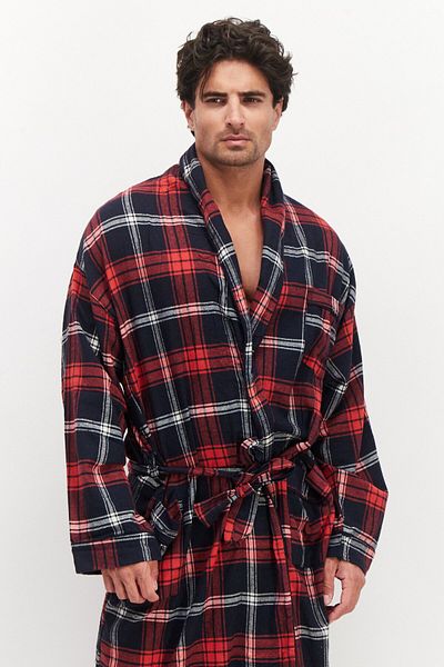 Bottoms Out Men Windowpane Long Sleeve Robe, Red Combo