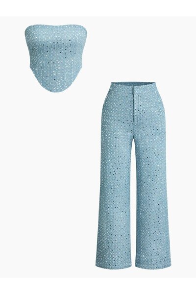 theanemos طقم جينز بدون حمالات مع تفاصيل من الترتر