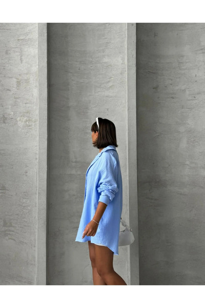 Narstorm Mavi Oversize Müslin Gömlek